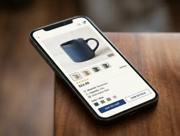 Close-up of online shopping interface on mobile phone screen with product page and add to cart button visible