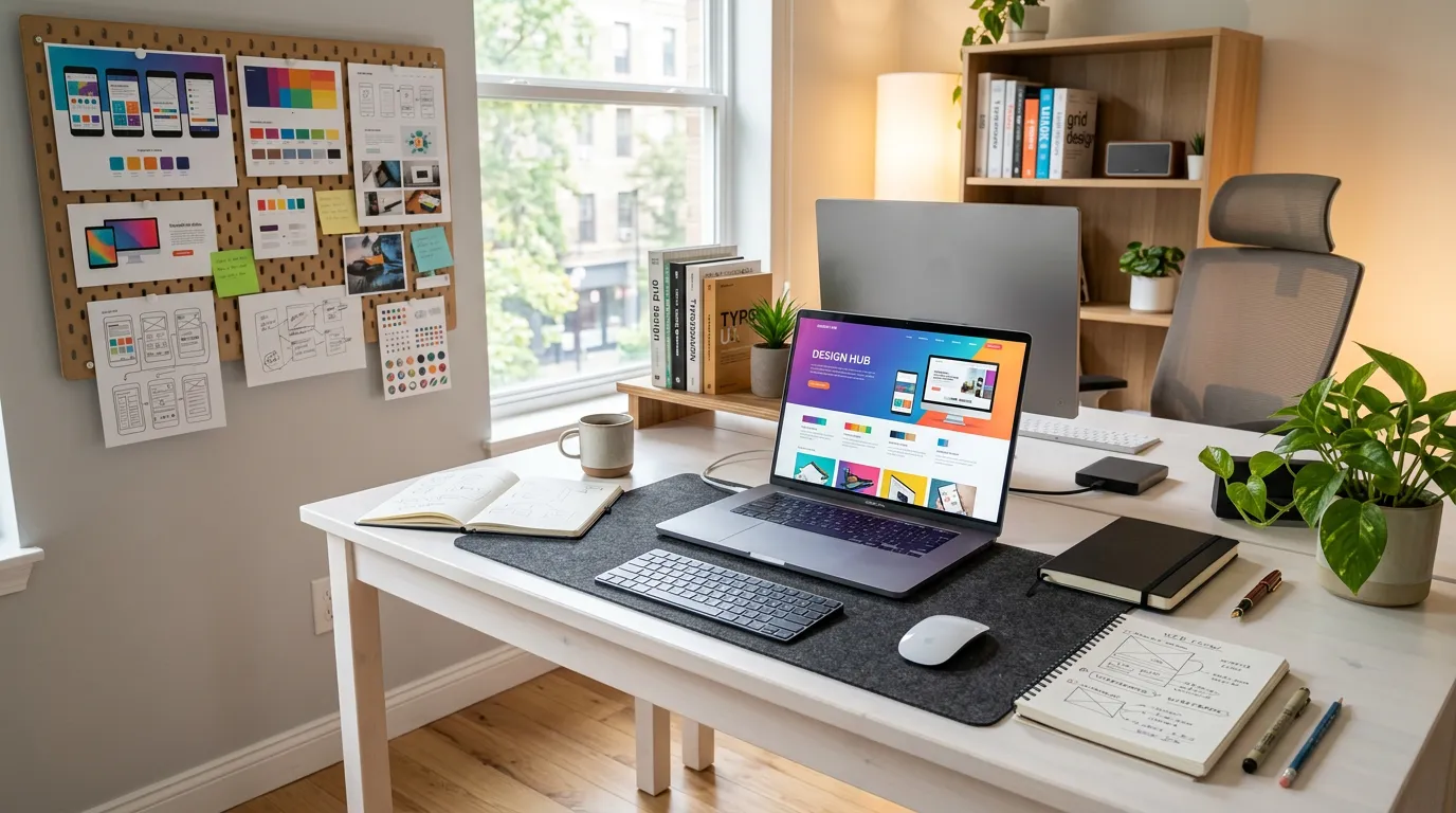 Modern bright web designer workspace with laptop showing colorful website interface, desk with design tools and notebooks, warm professional office lighting, inspiration board with digital mockups