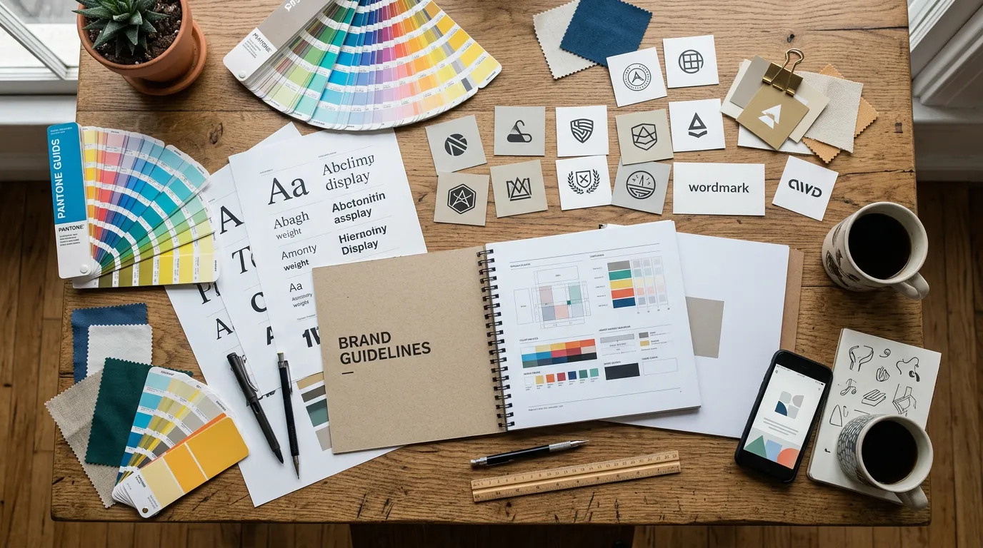 Brand identity design elements spread on workspace: color swatches, typography samples, logo variations, brand guideline documents, design tools and materials, creative flat lay arrangement