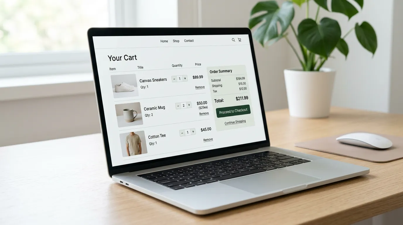E-commerce shopping cart on laptop screen with product images and checkout interface visible, clean minimal modern design, soft professional lighting