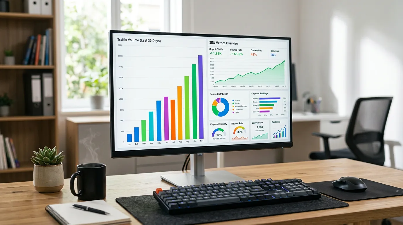 Computer monitor displaying analytics dashboard with colorful charts and SEO metrics, rising graph visualization, keyboard and mouse nearby, professional workspace
