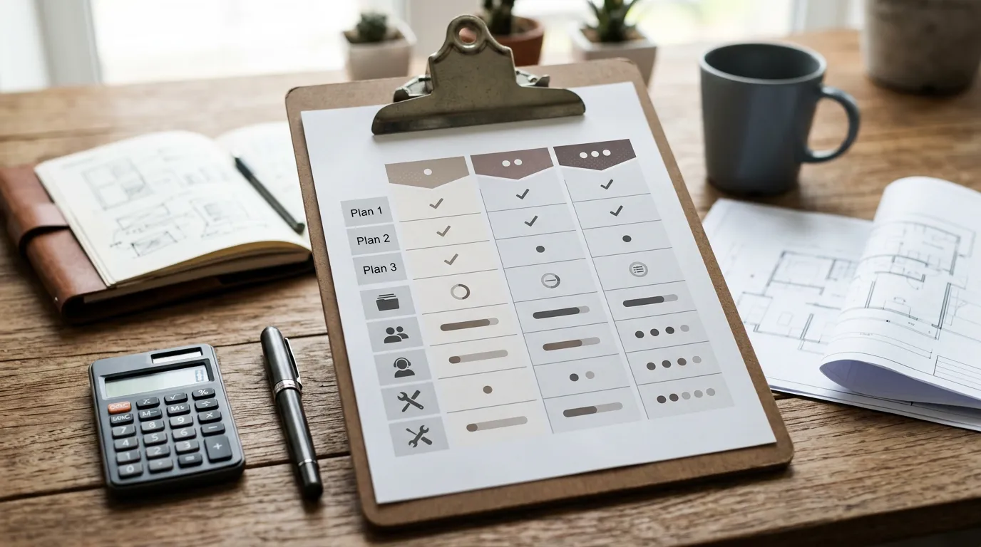 Pricing plans or service tiers displayed on clipboard with professional layout, comparison chart with different features listed, pen and calculator nearby, planning document arrangement