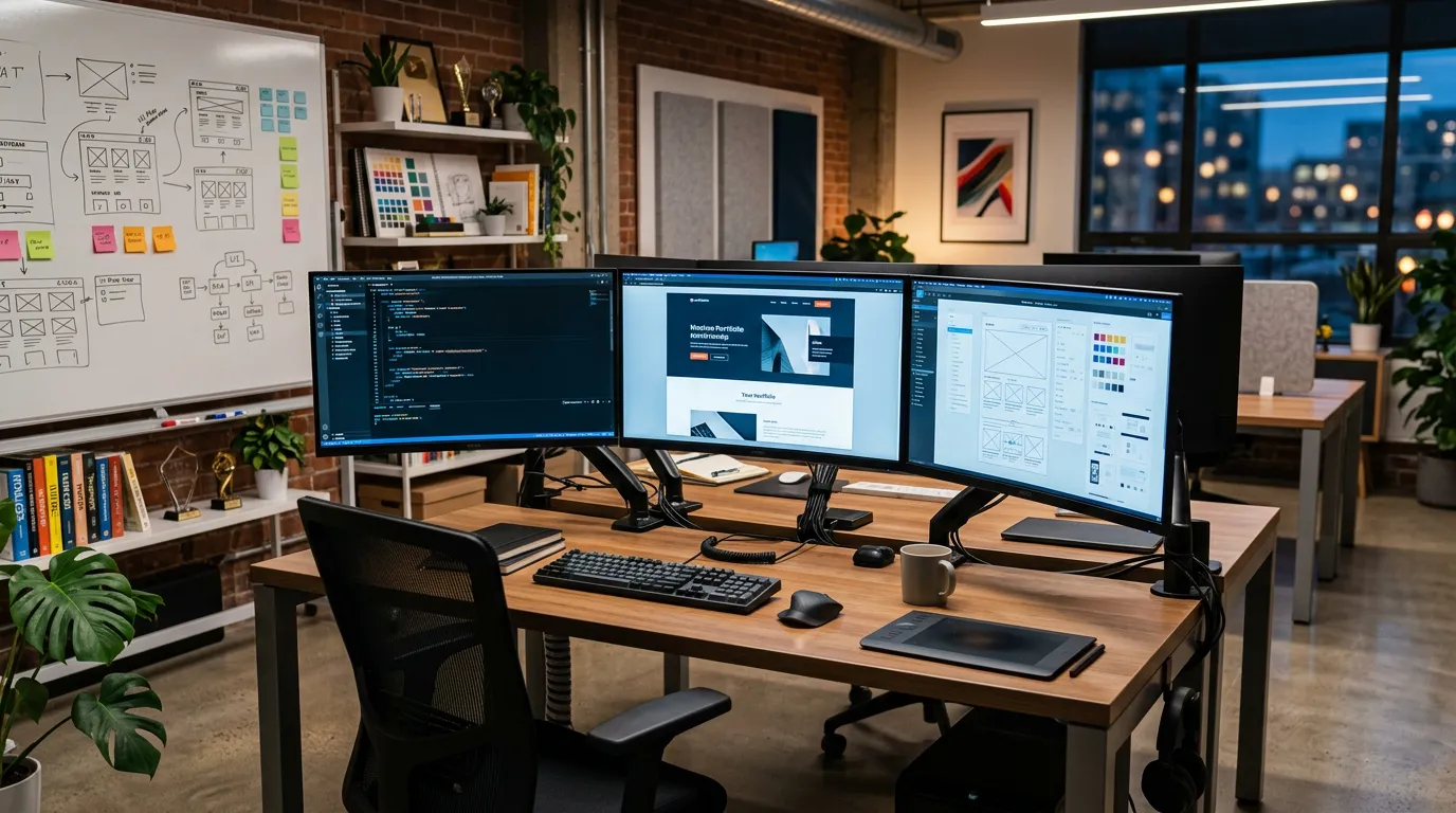 Web development studio with multiple monitors displaying different website designs and code editor, modern tech workspace, creative environment with design references